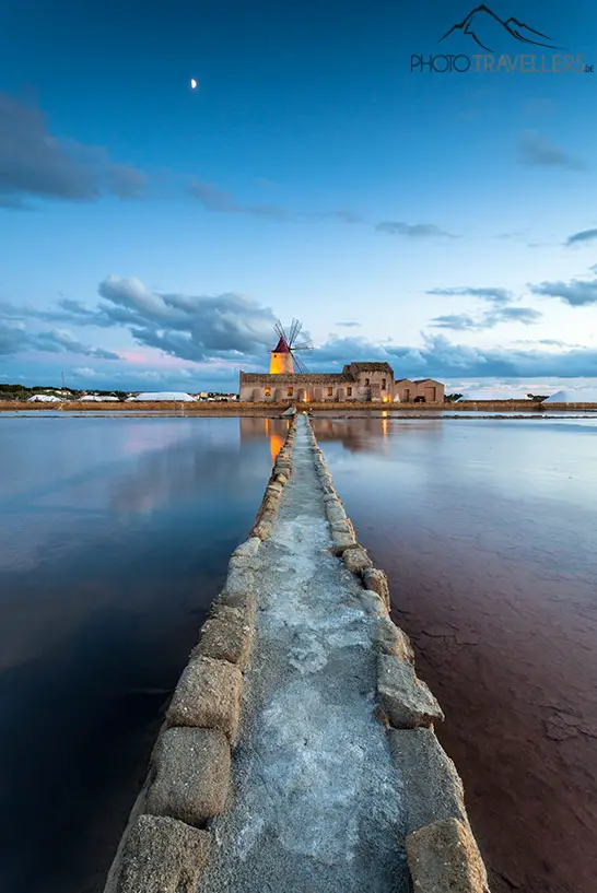 The main building of the salt works of Marsala in the evening
