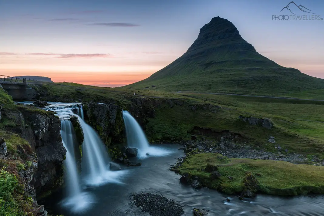 Kirkjufell with waterfall at sunset