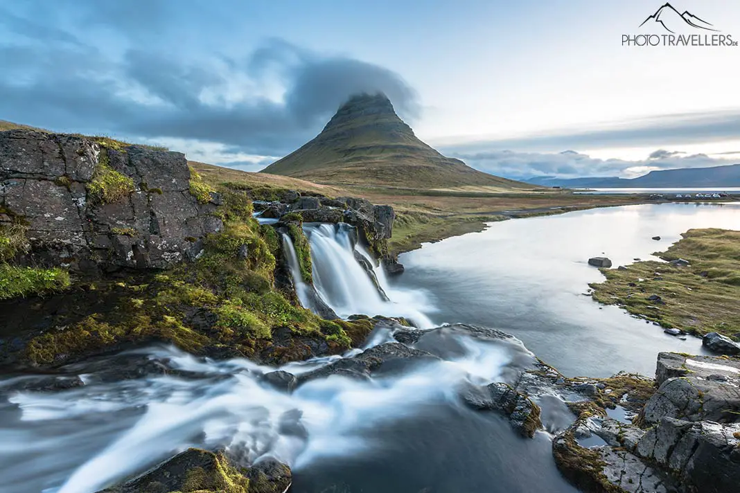 The large waterfall in front of Kirkjufell mountain  
