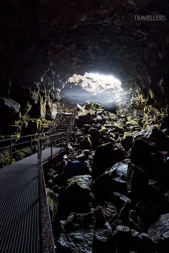 The path in the Raufarhólshellir lava tunnel in Iceland