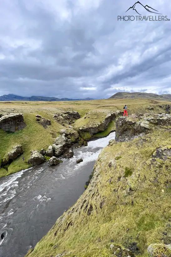 Flo auf einer Klippe am Fluss Skógá in Island