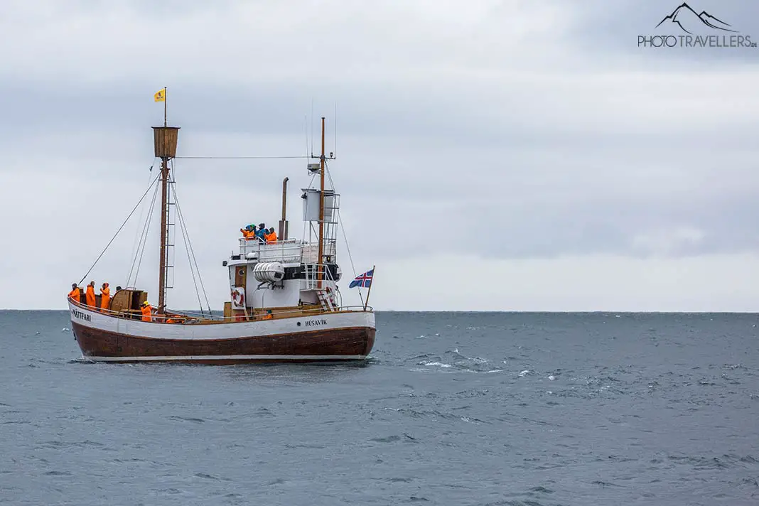 Ein Walbeobachtungsschiff in Island
