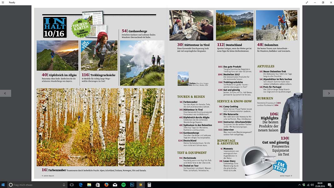 Das Inhaltsverzeichnis des Outdoor-Magazins in der Windows-10-App