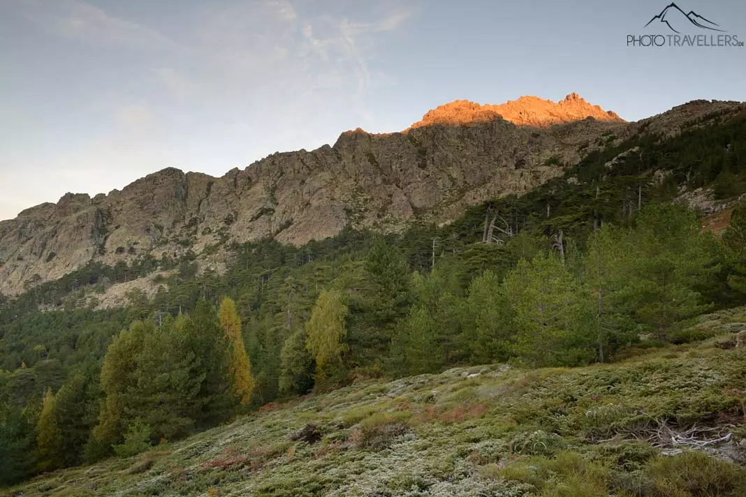 Ein angestrahlter Berggipfel am Morgen am Gebirgspass Col de Vergio auf Korsika