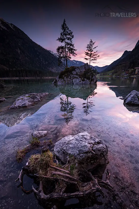 The rocks in the Hintersee in the Berchtesgadener Land in the twilight
