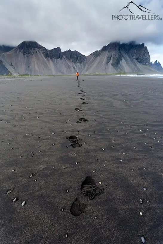 Biggi runs along the black lava beach on the Stokksnes peninsula