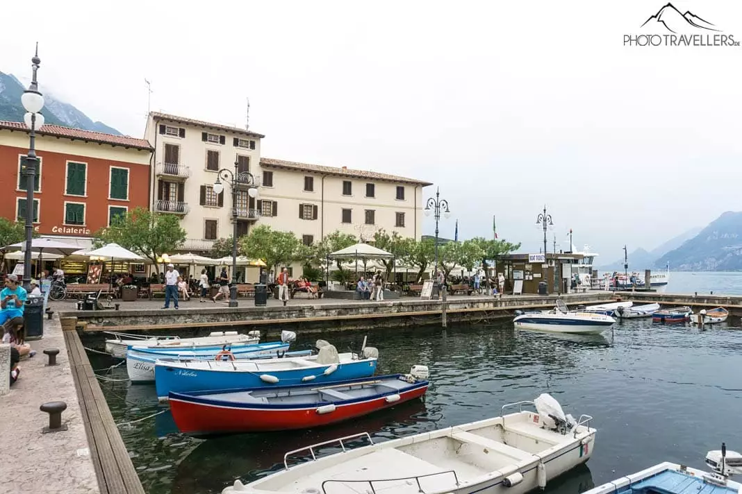 Der schöne Hafen von Malcesine mit bunten Fischerbooten im Wasser