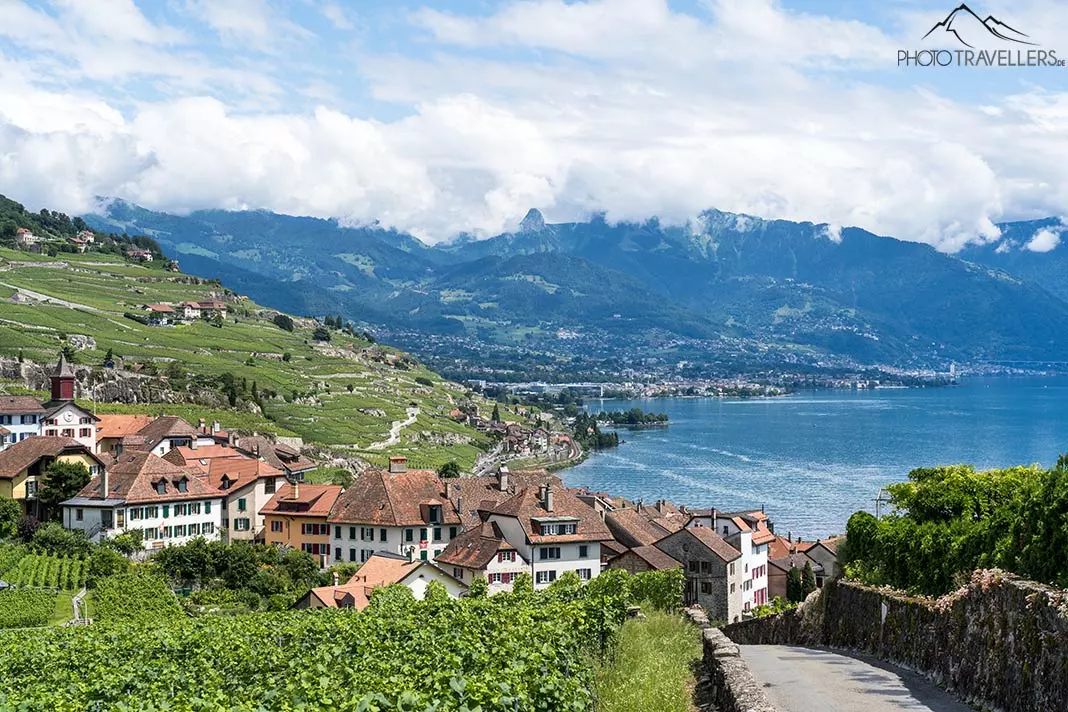 Der Blick über den Genfersee mit Bergen im Hintergrund in der Schweiz