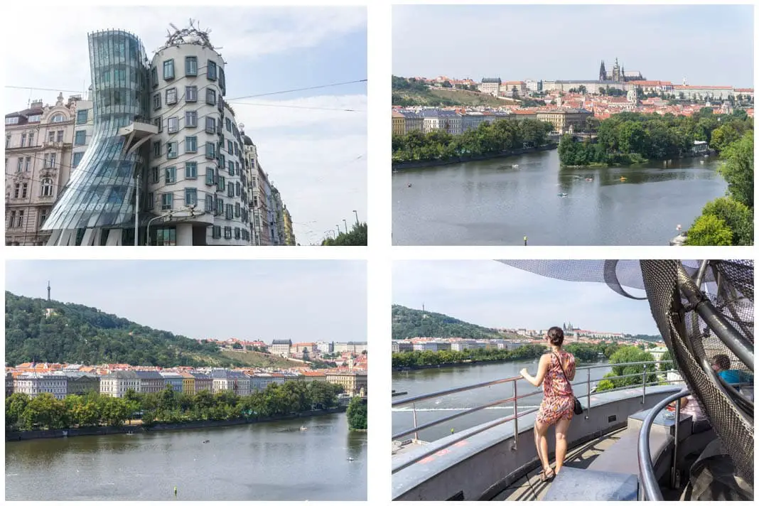 Vier Bilder vom Tanzenden Haus in Prag, inklusive dem Blick von der Dachterrasse