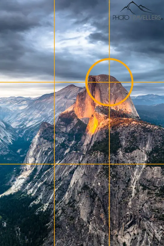 Die Drittel-Regel mit Linien anschaulich am Beispiel eines Berges in den USA im Yosemite Nationalpark erklärt
