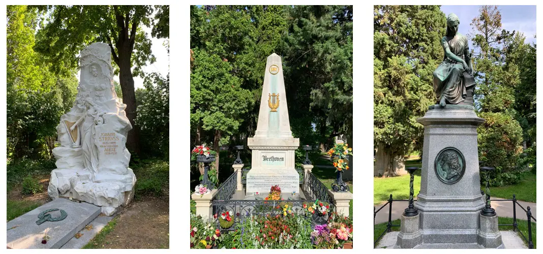 The graves of Johann Strauss, Ludwig van Beethoven, and Wolfgang Amadeus Mozart