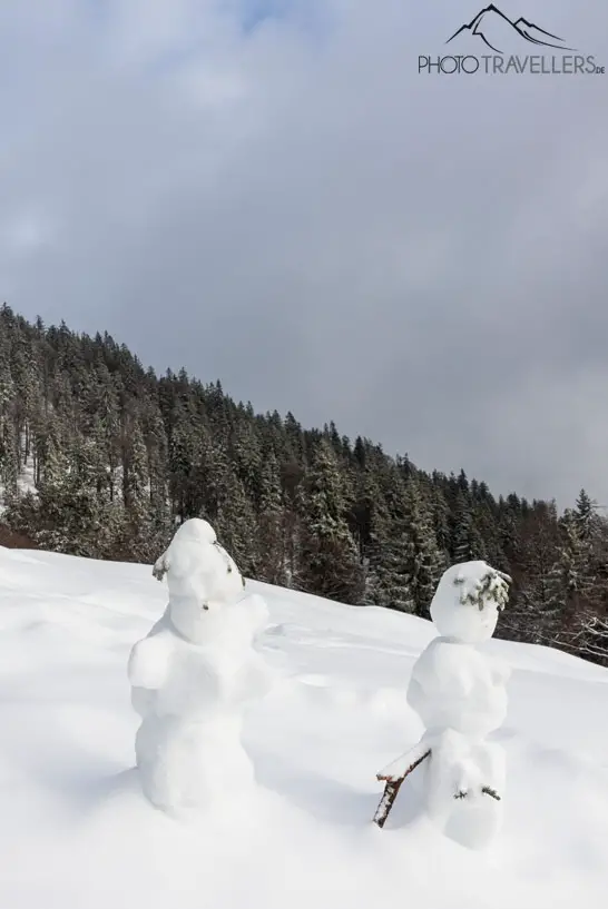 Eine Schneefrau mit ihrem Schneemann