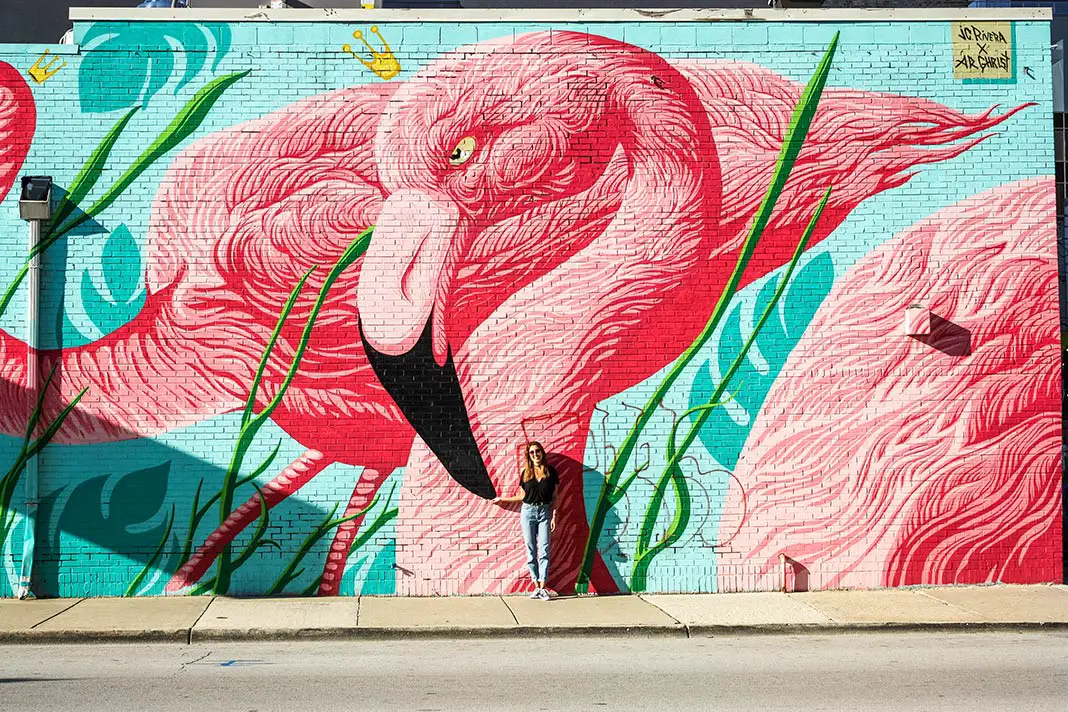 Pauline vor einem risigen Flamingo-Bild in Chicago