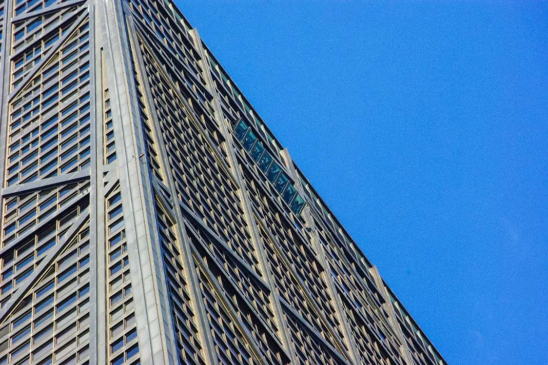 A row of windows on the 94th floor of the John Hancock Center