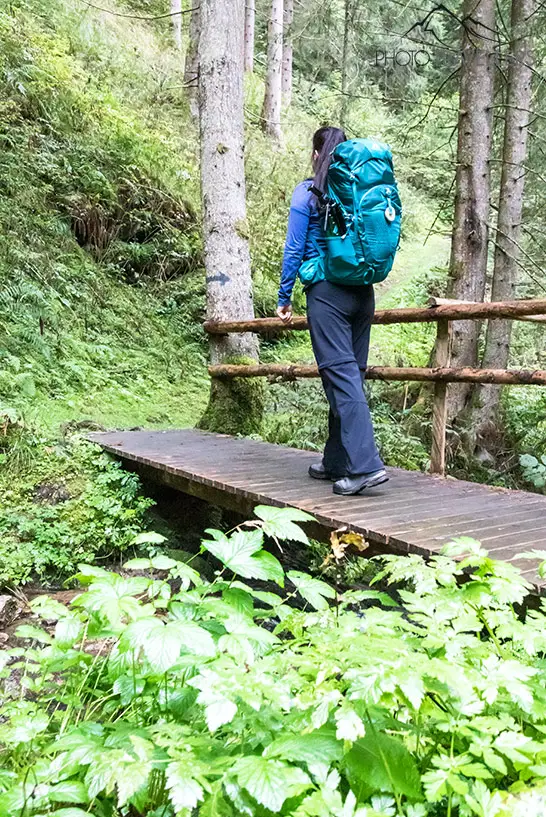 Im Wald führt eine kleine Holzbrücke über den Bach