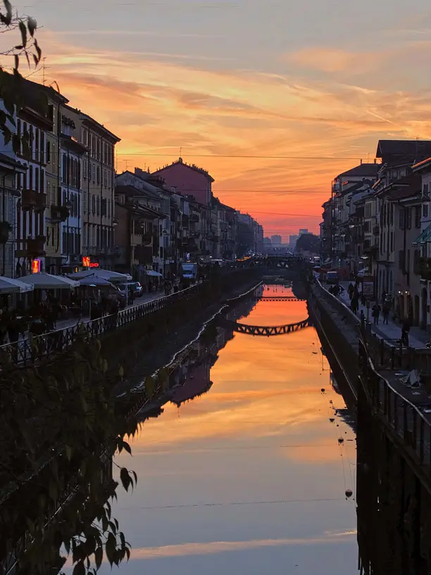 The ancient canals in Milan in the evening
