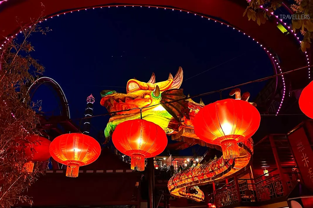 A red illuminated dragon in the Tivoli amusement park in Copenhagen
