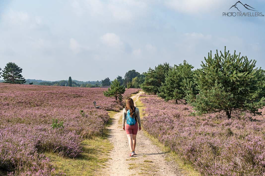 Reisebloggerin Biggi Bauer auf einem Wanderweg in der Lüneburger Heide