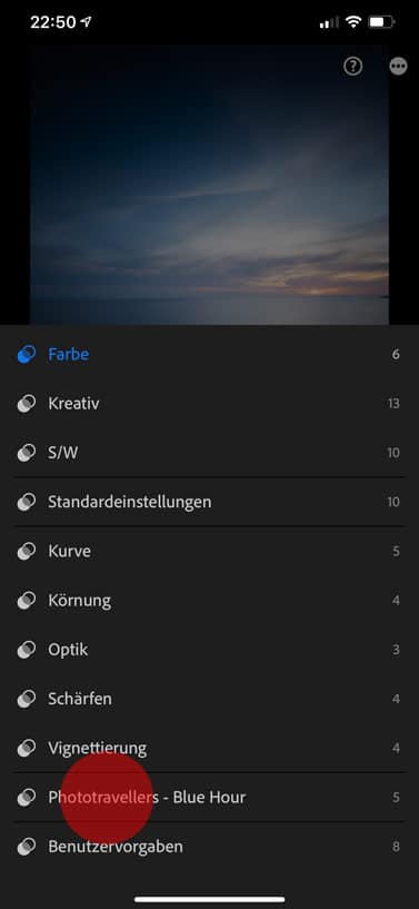Preset selection in Lightroom on the smartphone