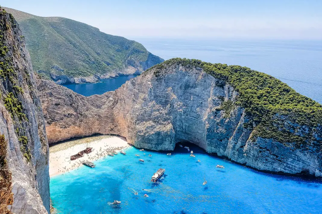 The Navagio bay with the shipwreck on the beach on Zakynthos