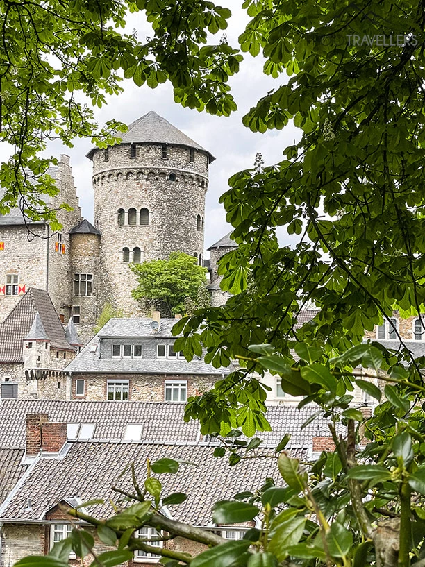 Blick durch Blätter auf den Turm der Burg Stolberg