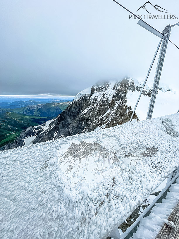 Eine Tafel - mit Eis bedeckt - zeigt an, welche Berge im Umkreis zu sehen sind