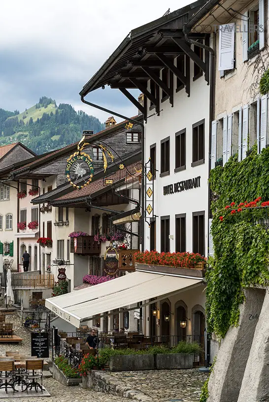 View of the houses at the marketplace of Gruyères