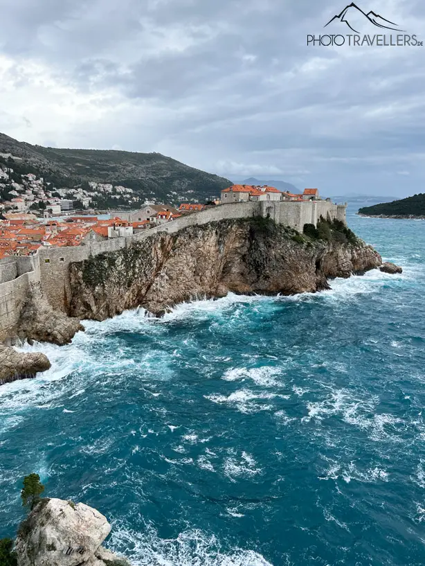 The view over the sea to Dubrovnik with the city walls