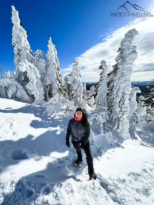 Biggi between snowy trees at the summit of the Großer Arber in the Bavarian Forest