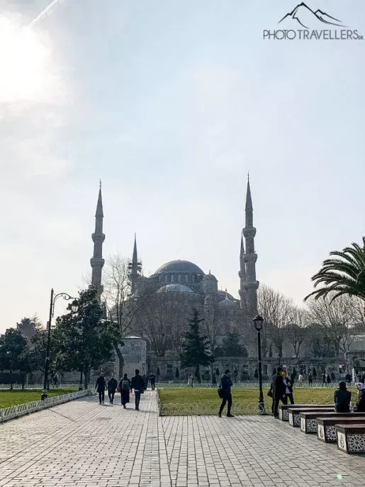 View of the blue mosque with people in Istanbul