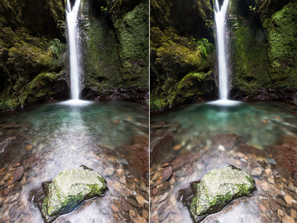 Ein Wasserfall, einmal fotografiert ohne Polfilter, einmal mit