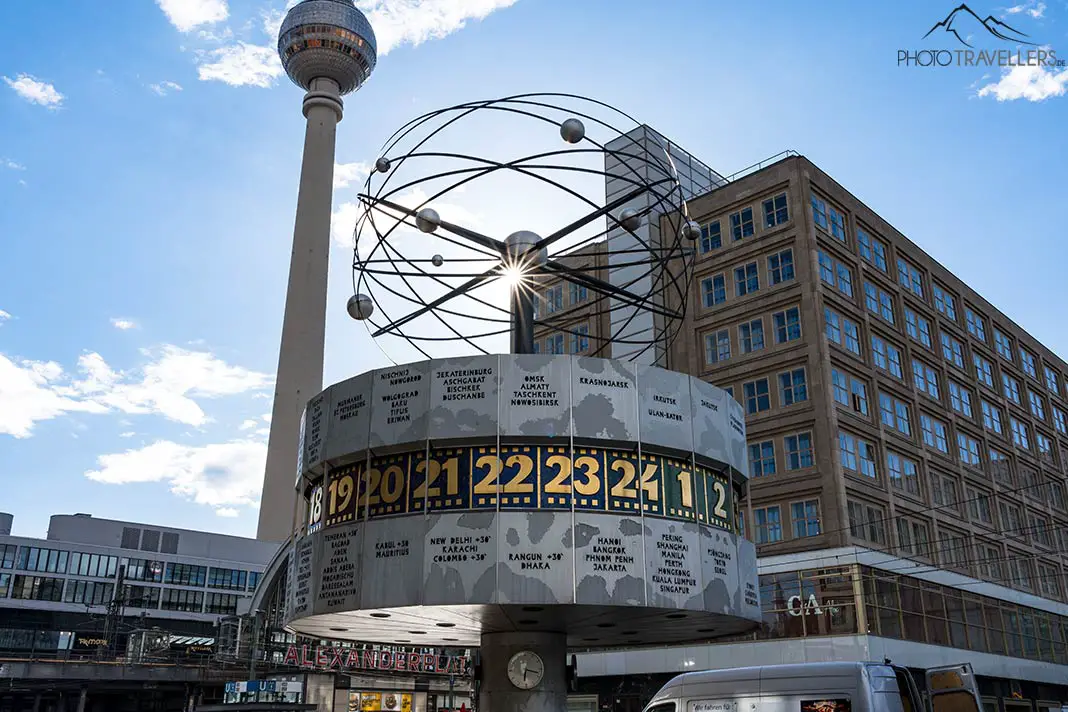 View of the world clock at Alexanderplatz with television tower