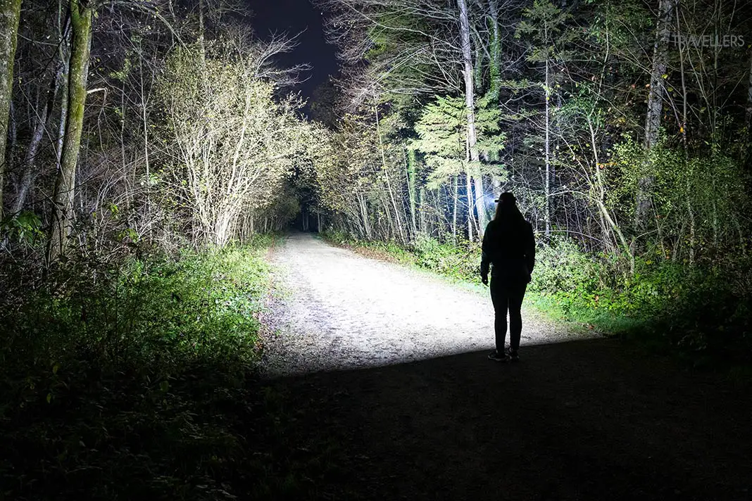 Die Lichtausbeute der Kopfleuchte Olight Perun 2 im Test nachts im Wald