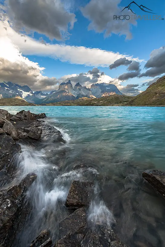 The view in the morning over the water to the Cuernos in the Torres del Paine National Park