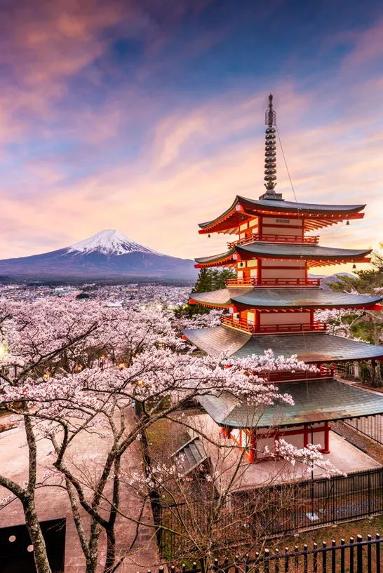 Ein Tempel mit Blick auf den Mount Fuji in Japan