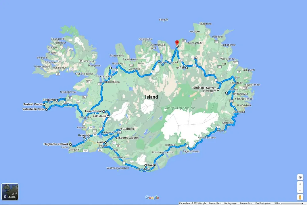 Karte mit 14 Tagen Rundreise in Island