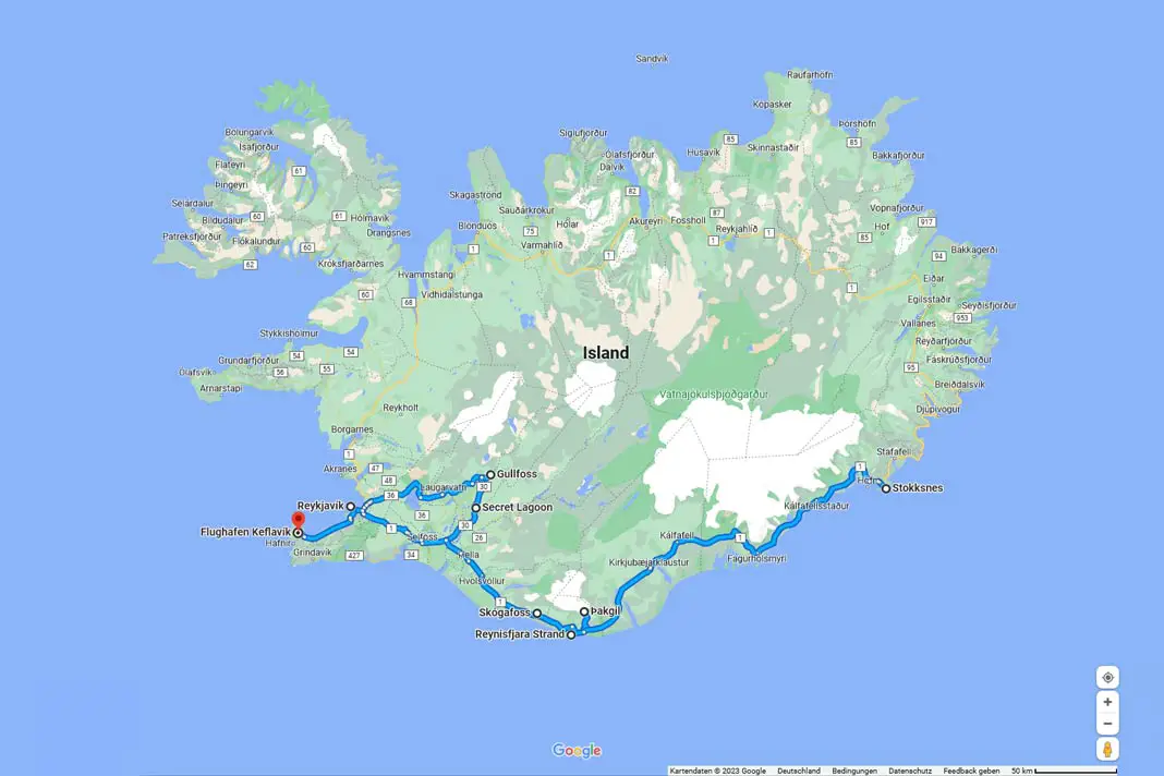 Karte mit sieben Tagen Rundreise in Island