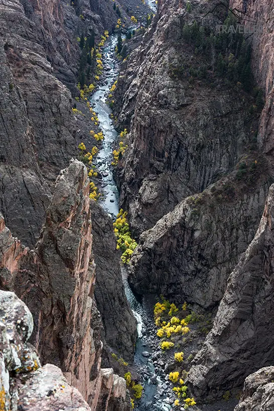Der tiefe Blick in den Black Canyon of the Gunnison mit den gelben Bäumen am Ufer
