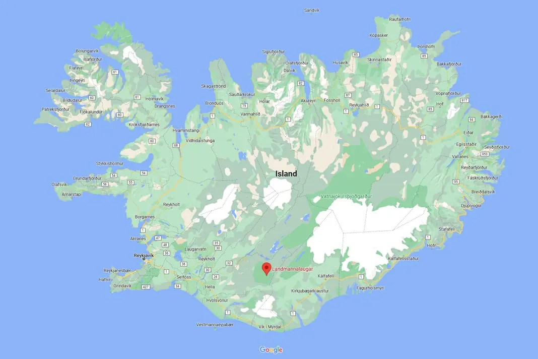 Eine Island-Karte mit dem genauen Standpunkt von Landmannalaugar