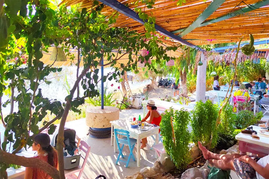 Menschen sitzen in einer mit Pflanzen und Bäumen gesäumten Strandbar