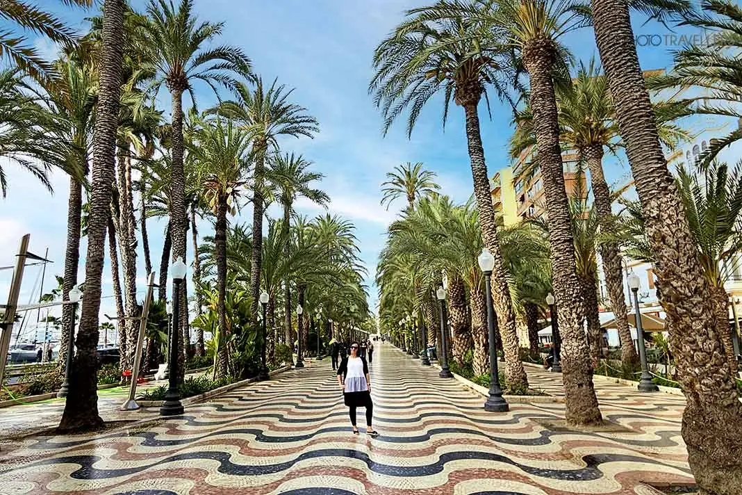 Die palmengesäumte Promenade von Alicante ist mit Millionen von Mosaiksteinen verziert