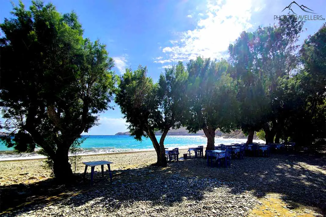 Tische und Stühle stehen im Schatten der Bäume am Ganema Beach auf Serifos