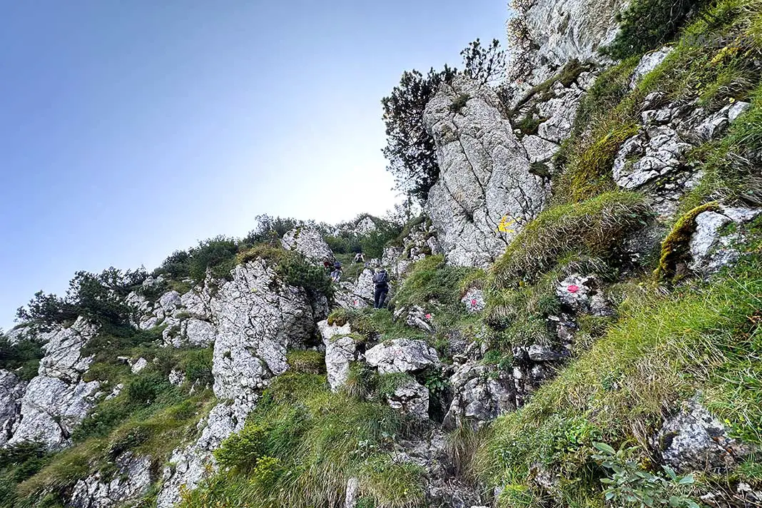 Mehrere Wanderer im Nordwandsteig auf dem Weg nach oben zum Spitzstein