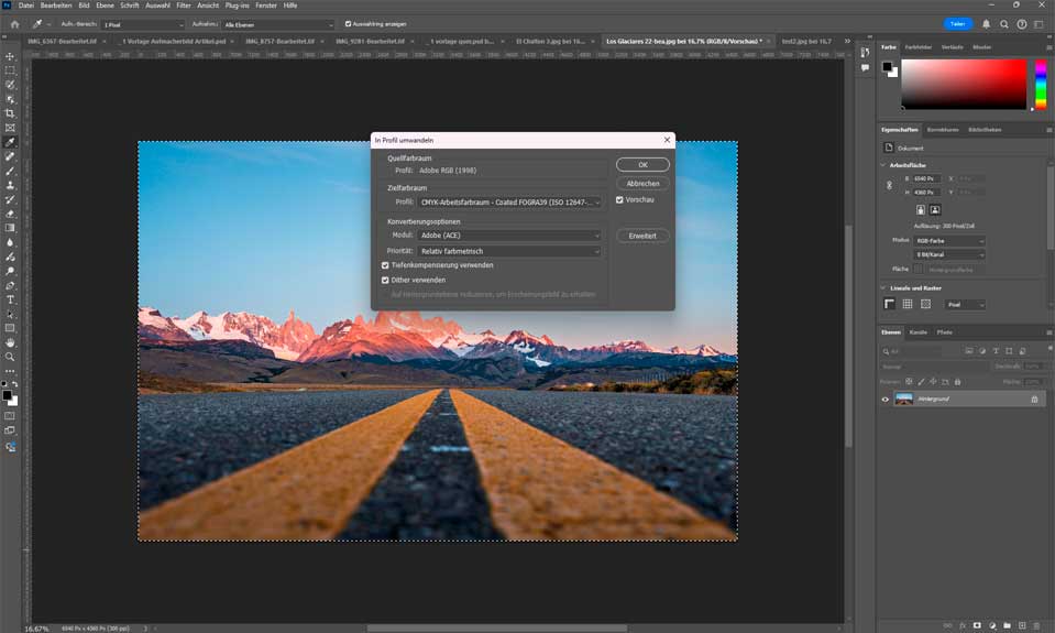 Ein Bild in Adobe Photoshop mit der Option, einen anderen Farbraum zuzuordnen