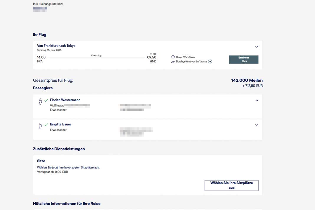 Eine Flugbuchung von Frankfurt nach Tokio, mit Meilen bezahlt