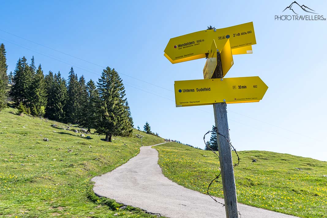 Ein Wegweiser vor einer asphaltierten Bergstraße