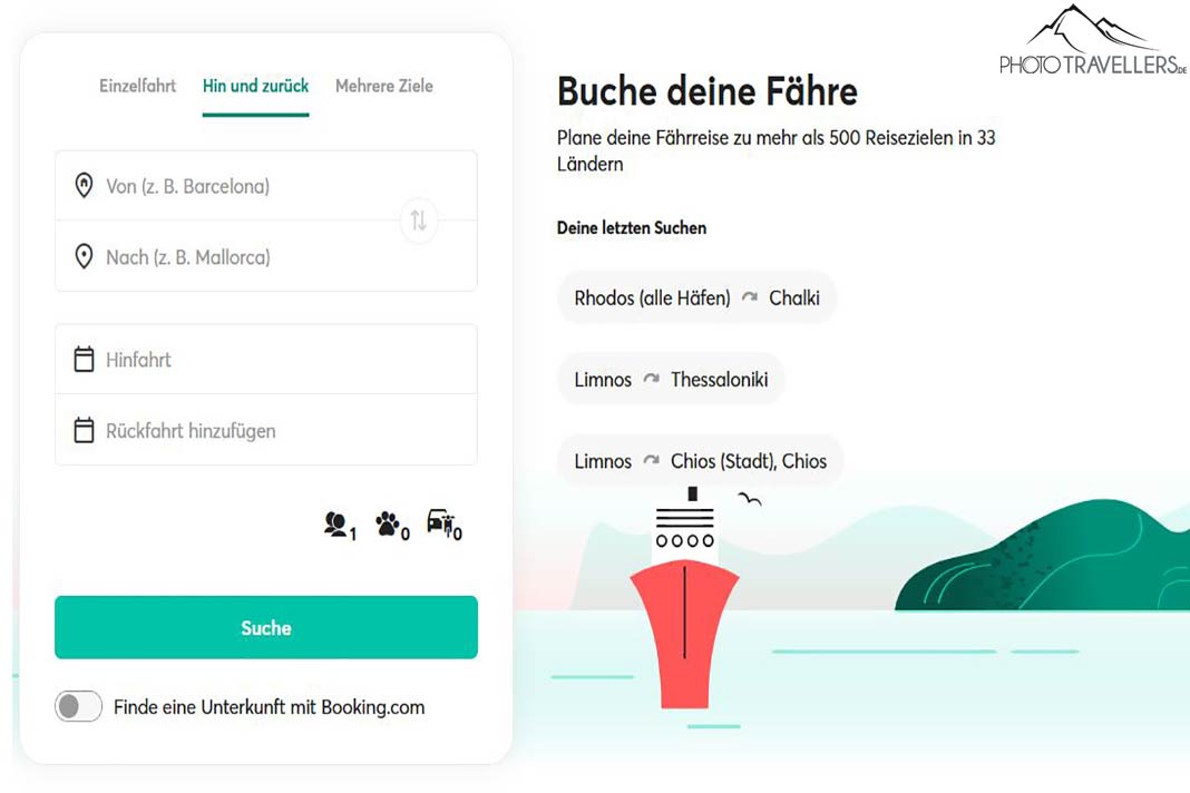 Ausschnitt der Buchungsseite Ferryhopper mit Eingabemasken und grünen und roten Bildelementen