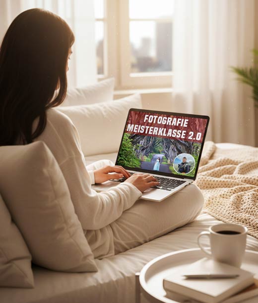 Teilnehmerin mit dem  Online-Kurs "Fotografie Meisterklasse 2.0" auf dem Laptop