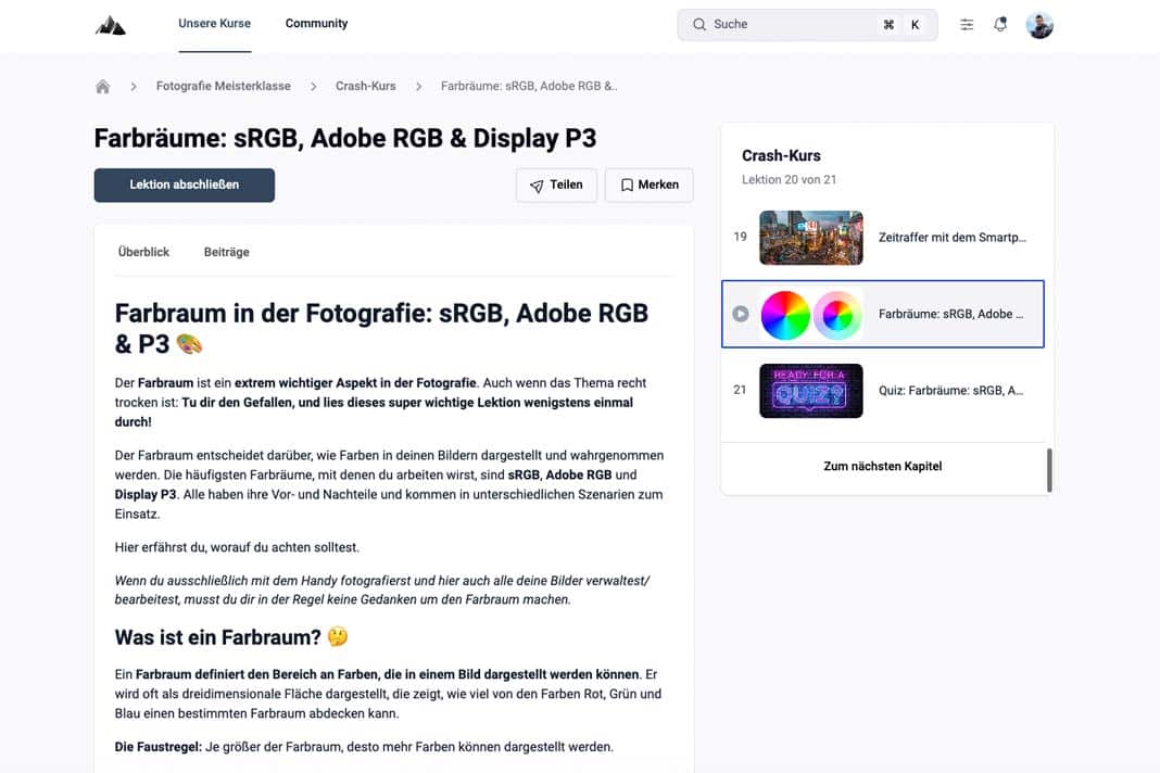 Blick in den Fotokurs; Thema Farbräume