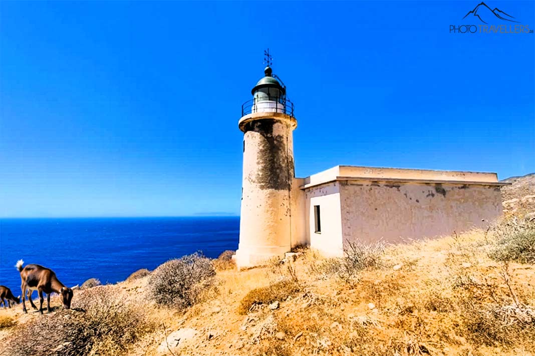Der kleine Leuchtturm Aspropounta mit Ziegen und einem Flachbau an der Küste von Folegandros